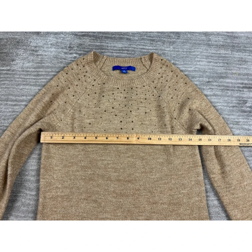 Apt. 9 Sweater Womens XS Tan Metallic Rhinestone Crew Neck Pullover Shimmer‎